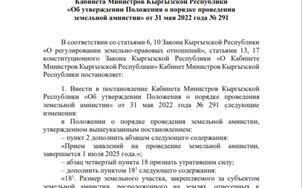 Постановление о внесении изменений в постановление Кабинета Министров Кыргызской Республики «Об утверждении Положения о порядке проведения земельной амнистии» от 31 мая 2022 года № 291