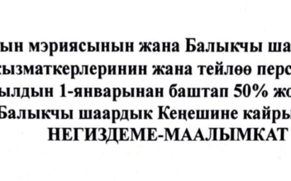 Муниципалдык кызматкерлеринин жана тейлоо персоналынын эмгек акыларын 2026-жылдын 1-январынан баштап 50% жогорулатуу боюнча Балыкчы шаардык Кенешине кайрылууга негиздеме-малымкат