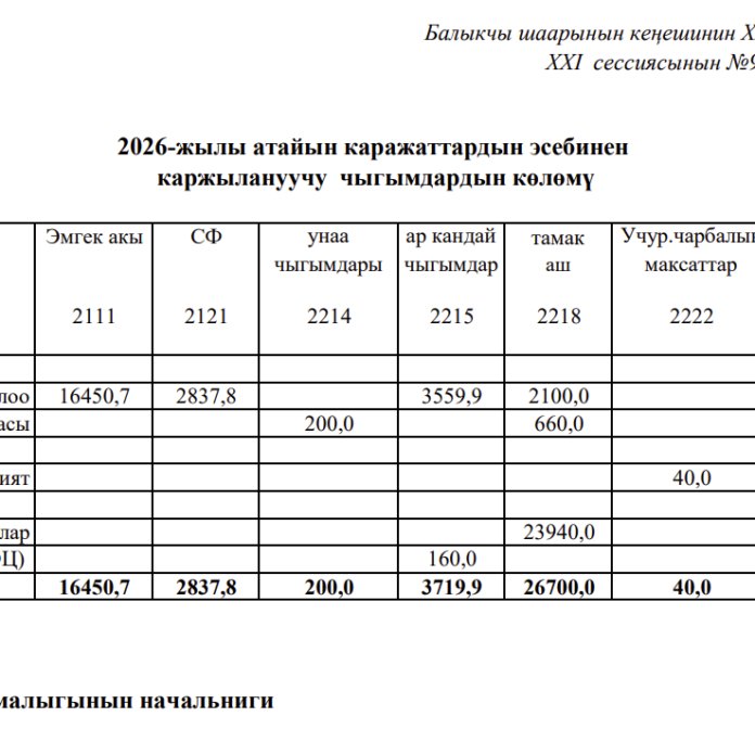 2026-жылы атайын каражаттардын эсебинен каржылануучу чыгымдардын көлөмү